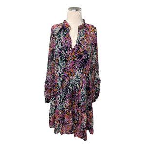 Vince Camuto Boho Black Pink Floral Lined‎ Babydoll Chiffon Dress Size Medium